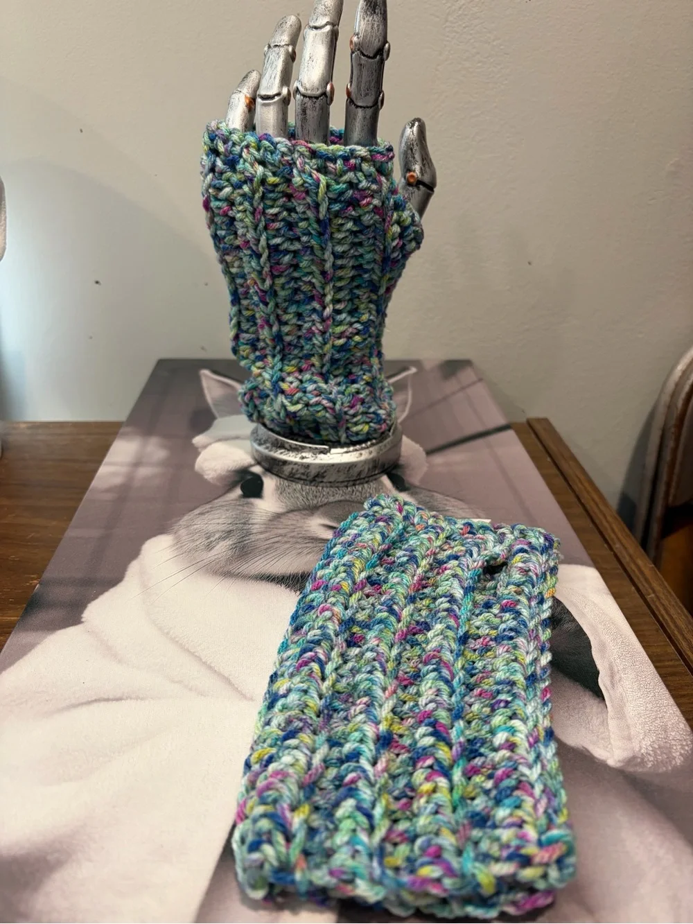 Handmade Crochet Fingerless Gloves Multicolor Cozy Wrist Warmers